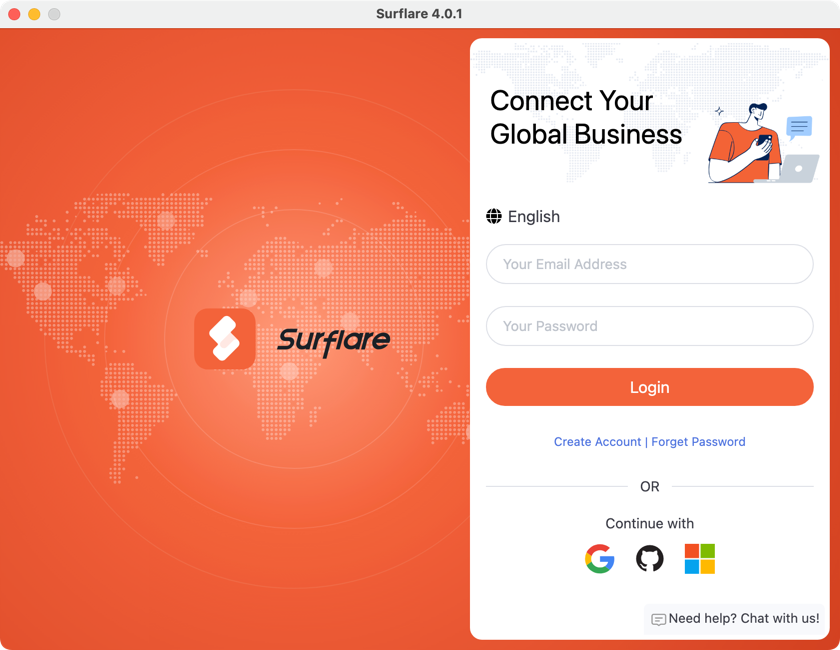 Surflare login screen